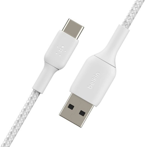 Belkin - BOOST↑CHARGE Braided USB-C to USB-A Cord 6.6ft for iPhone 16 Series, Samsung, Google Pixel 7 & 8, iPad Pro & More - White