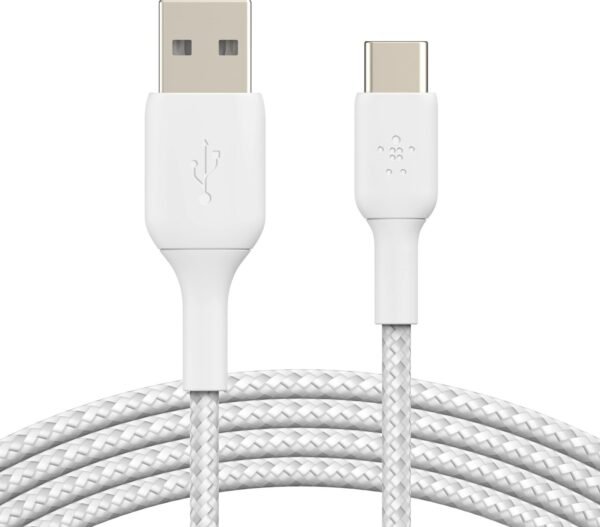 Belkin - BOOST↑CHARGE Braided USB-C to USB-A Cord 6.6ft for iPhone 16 Series, Samsung, Google Pixel 7 & 8, iPad Pro & More - White